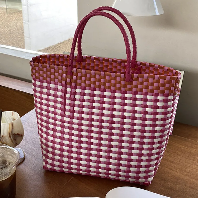 Large capacity woven handbag 2024 new contrasting plaid woven women bag tote bag shopping bag travel bag