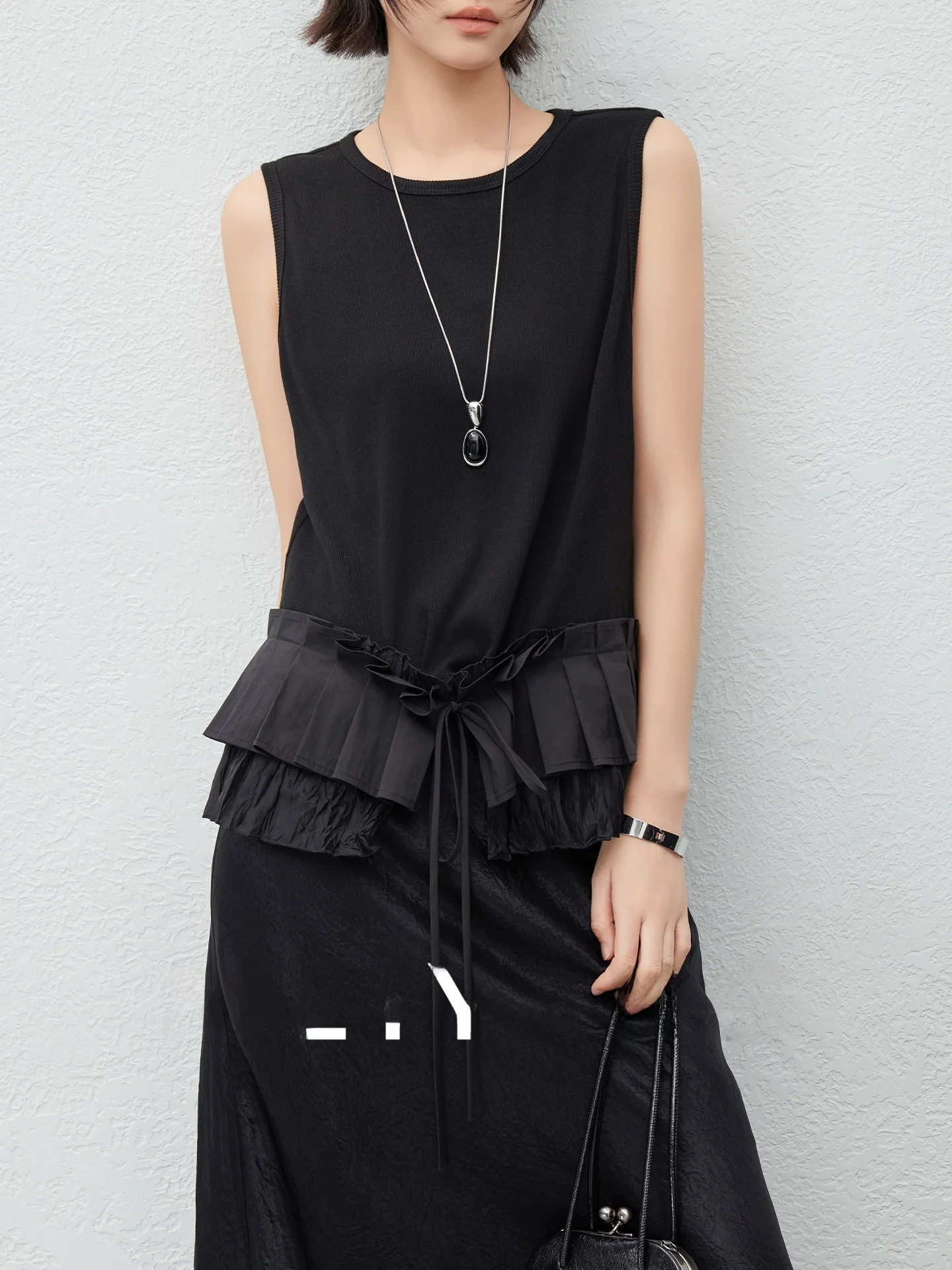 

MeiYang Floral Pleated Knitted Vest Belted round Ne Svel Women's Cotton Summer Faion Versatile Color Outerwear