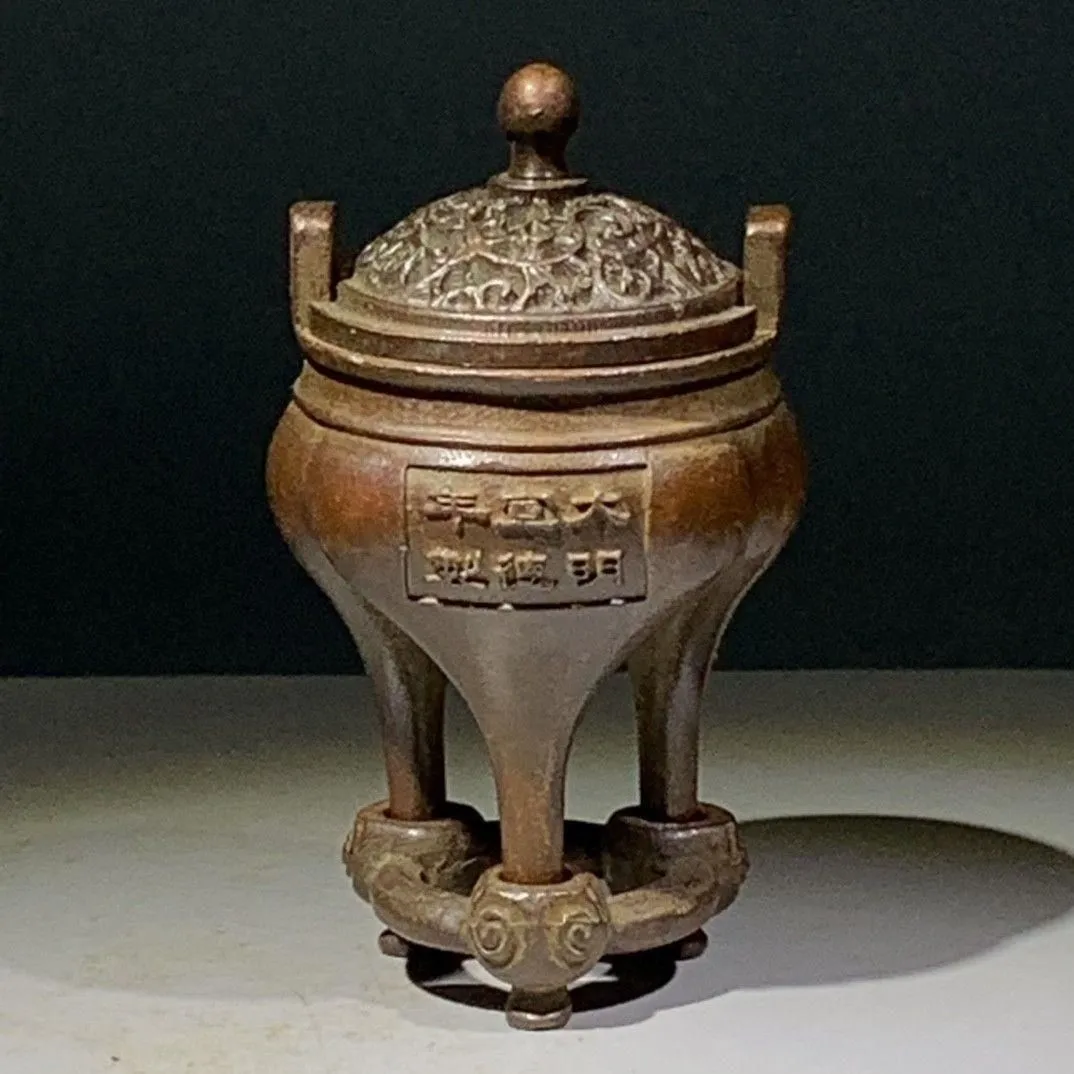 Vintage Brass Tripod Double Ear Burner Alloy Collectible Chinese Decor