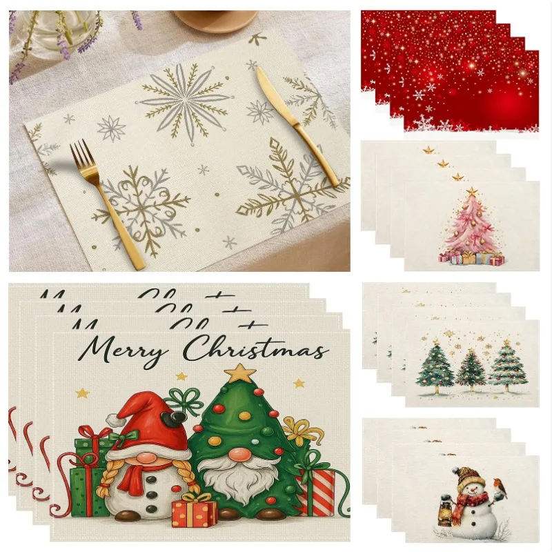 Weihnachts-Tischsets aus Leinen mit Schneemann-Aufdruck, Urlaubsdekoration, hitzebeständig, rutschfest, Tischset für Weihnachten, Zuhause, Küche, Desktop-Dekoration