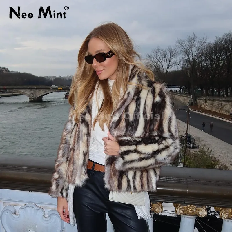 

Neo Mint Winter 2025 Stand Collar Faux Fur Jacket Brand Designer Zebra Striped Autumn Fox Fur Coat Women Ins Girls Outerwear