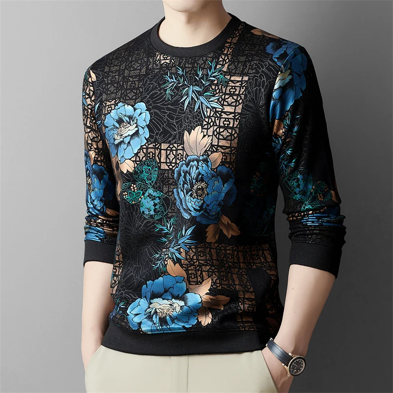 Blue Floral Print Velvet T Shirt For Men Long Sleeve Luxury Casual Winter Thick Quality Soft Comfortable 4XL Camisetas De Hombre