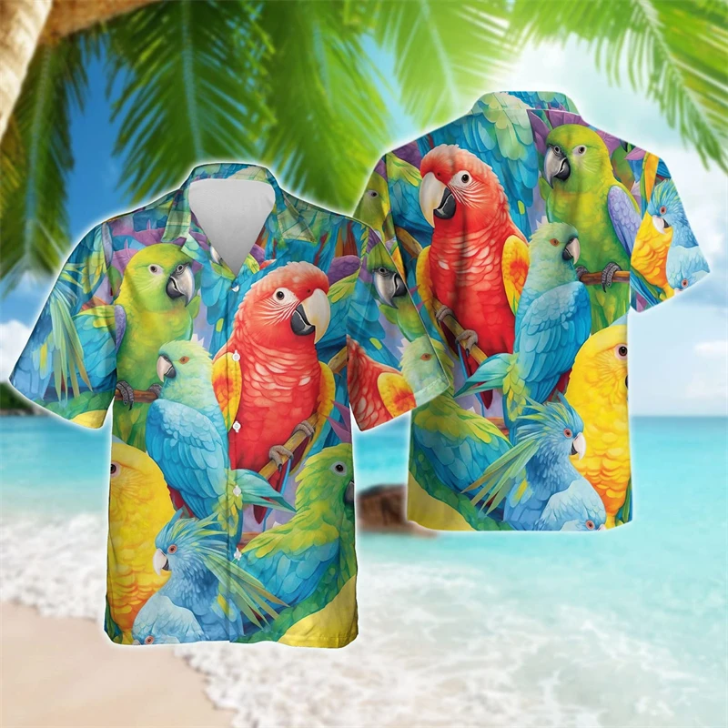Tropical Parrot 3D Printed Beach Shirt Hawaiian Flower Animal Shirts For Men Clothes Vacation Lapel Blouse Psittacine Bird Tops
