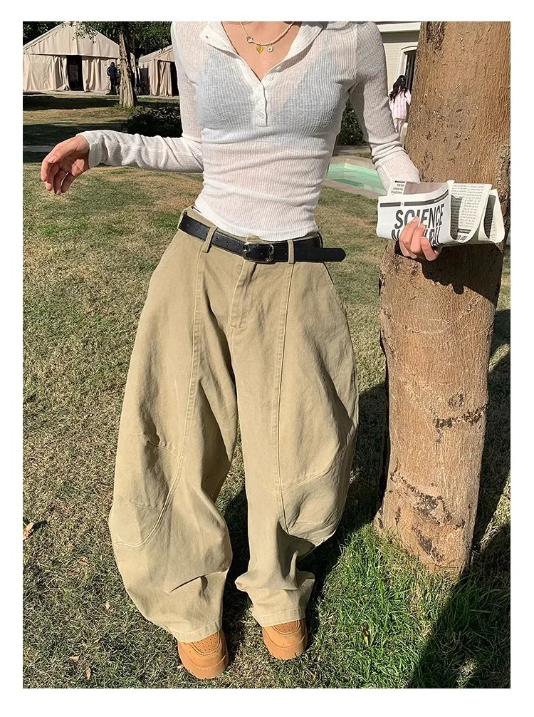 Pantalon Cargo taille haute pour femmes, Style américain rétro, jambes droites, ample, décontracté, jambes larges, longueur au sol