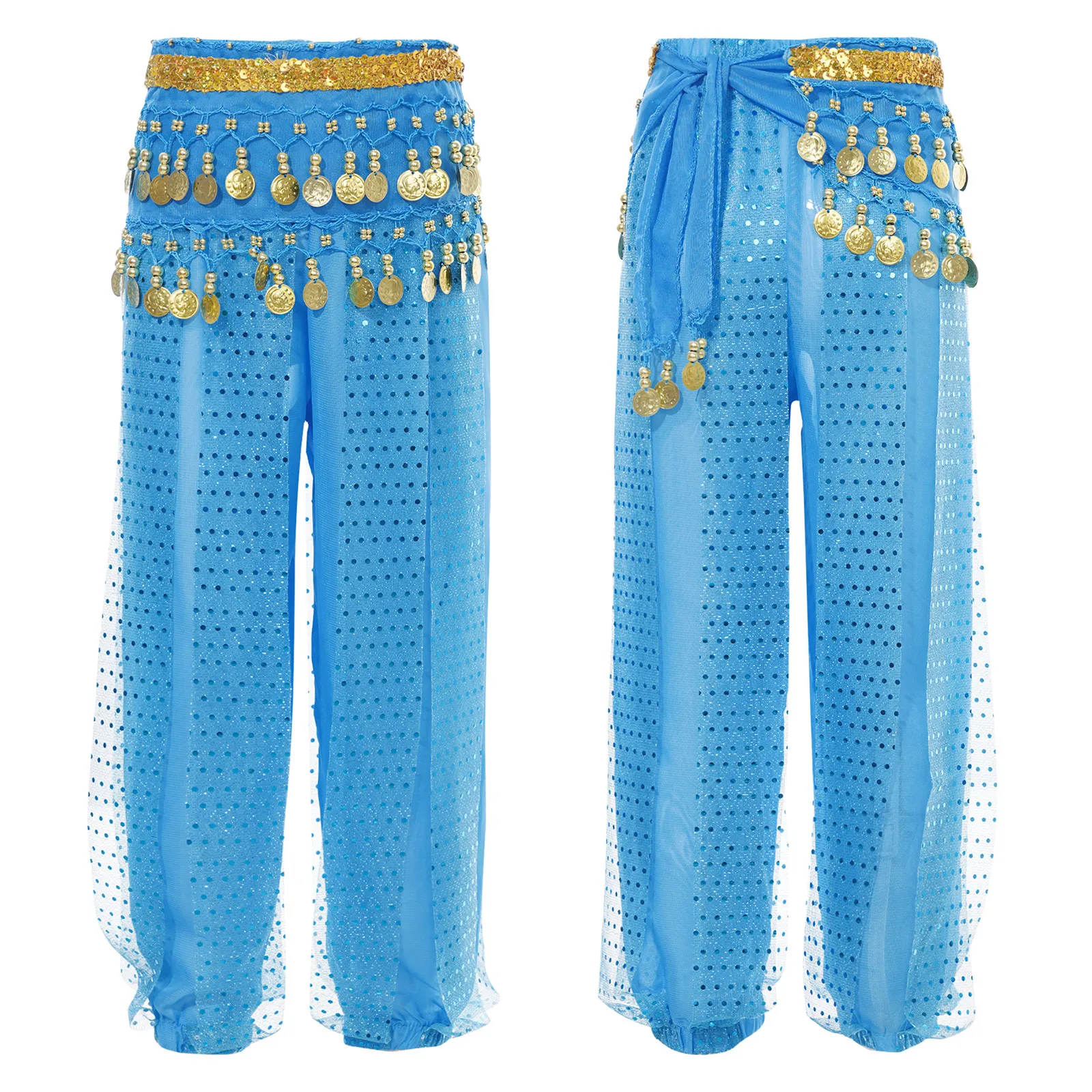 Kinderen Meisjes Buikdans Harembroek Tribal Arabische Broek Pailletten Mesh Chiffon Dansbloeiers met Hippe Sjaal Buikdansoutfits