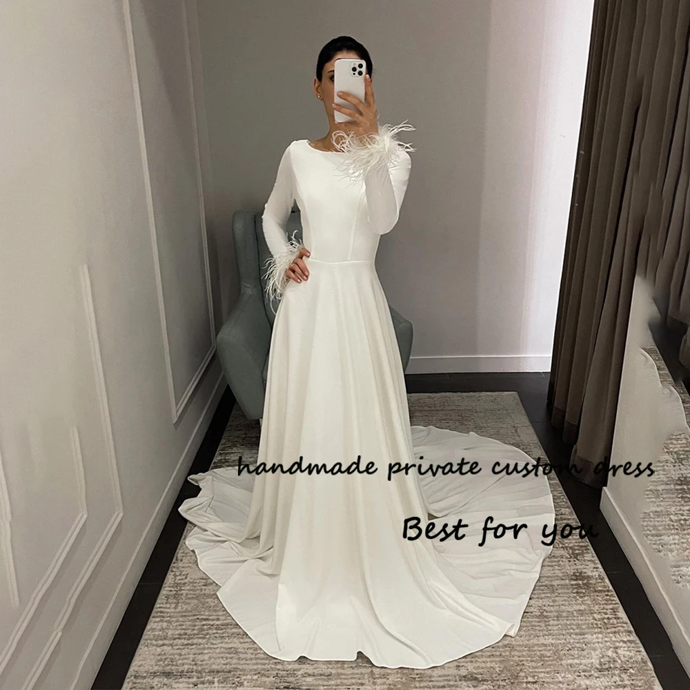 

Ivory Satin Mermaid Wedding Dresses Feather Long Sleeve O Neck Bridal Gowns with Train Simple Civil Bride Dress 2024