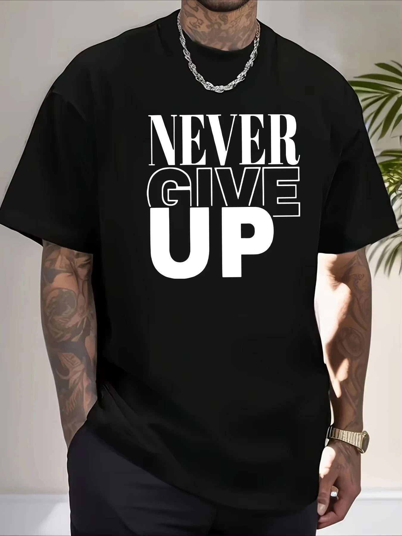 

Men's Summer Pure Cotton Casual Sports Loose and Soft Never Give Up Letter Printed Round Neck Short Sleeved Holiday T-shirt