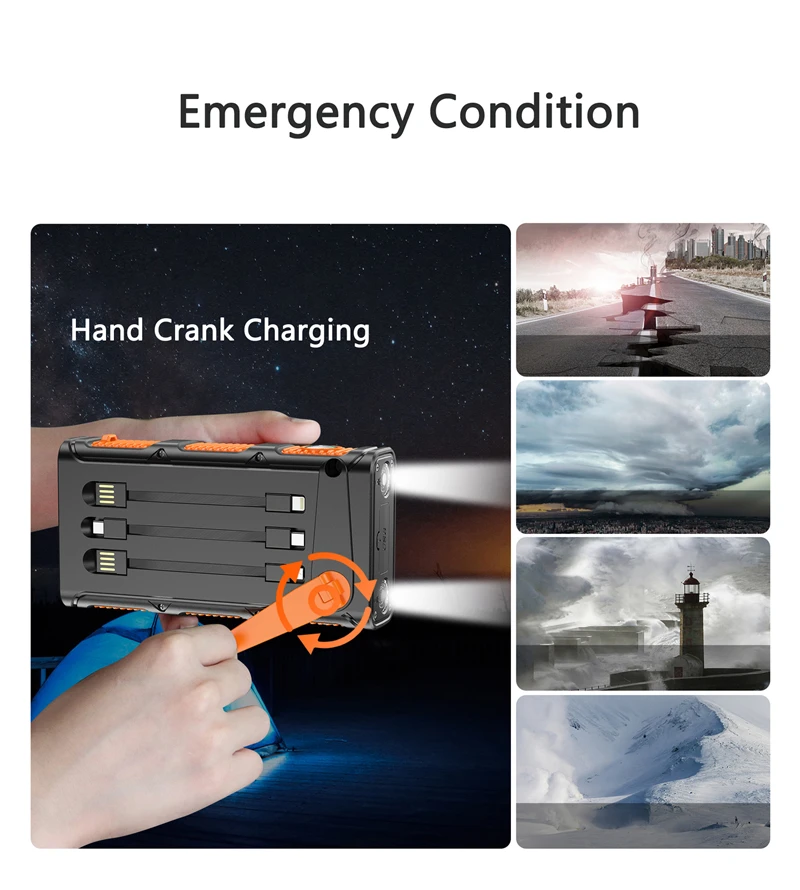 Hand Crank Solar Power Bank 30000mAh with Cable Camping Light PD 20W Fast Charging Powerbank for iPhone Xiaomi Samsung Poverbank