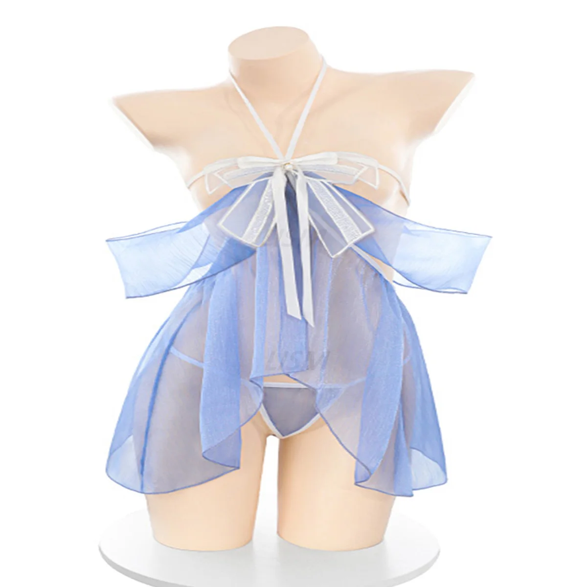 

Women's Fairy Blue Lingerie Set, Backless Halter Bow Decor Sheer Mesh Sleepwear Sexy Night Dress for Intimate Moments