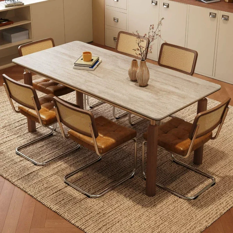 Home Modern Simple Solid Wood Rectangular Dining Table Household High-end Travertine Rock Slab Dining Tables Pliante Furniture