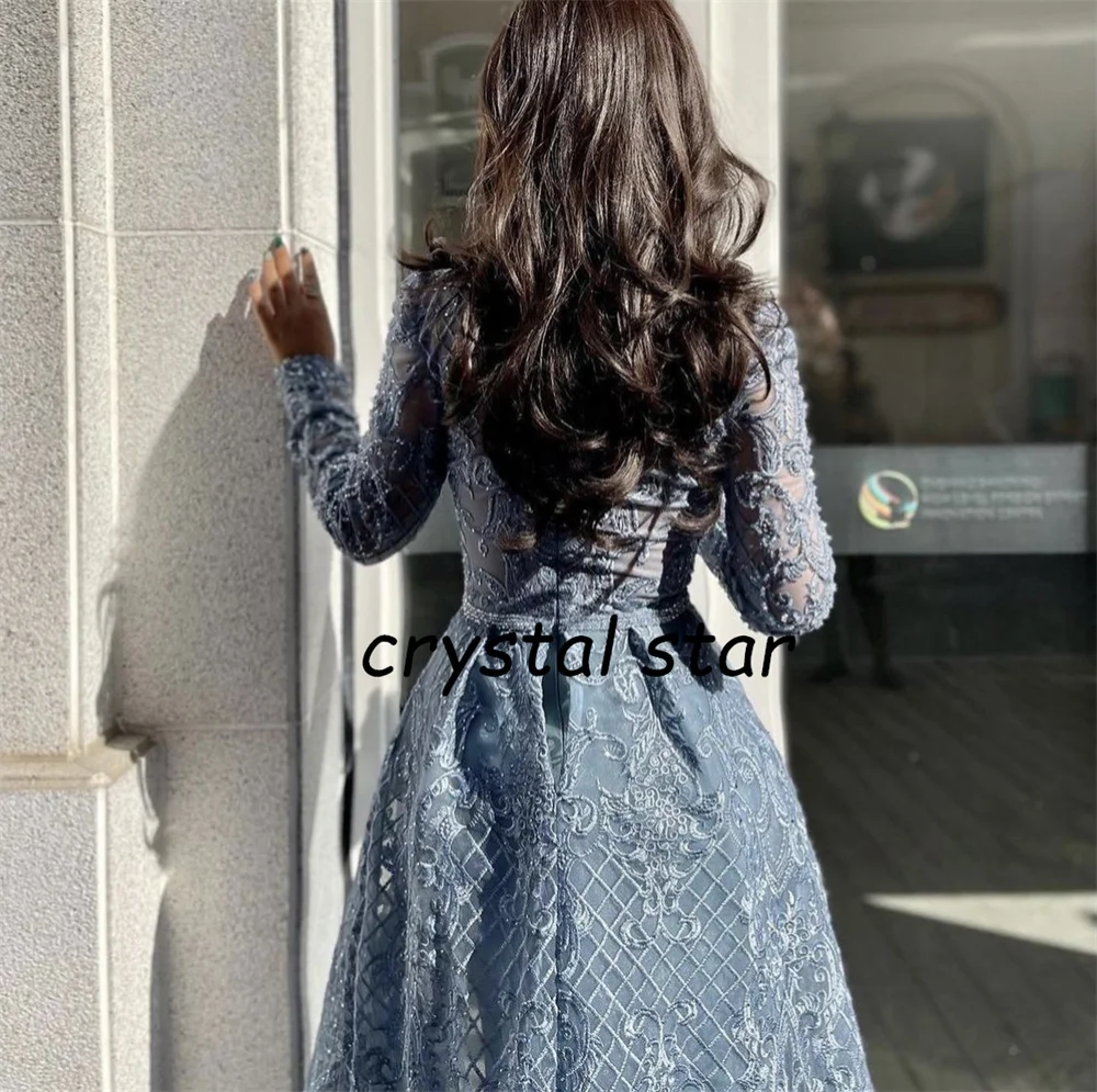 Dubai Elegant Beaded Muslim Blue Long Mermaid With Train Luxury Evening Dresses Gowns for Woman Party Formal Dress HO1052