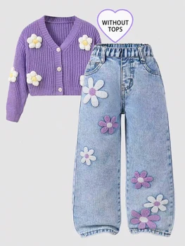 Girls' Floral-Printed Towel-Stitch Denim Jeans Trendy Loose Waist Design Versatile Casual Pants for Kids. Full Elastic Waistband