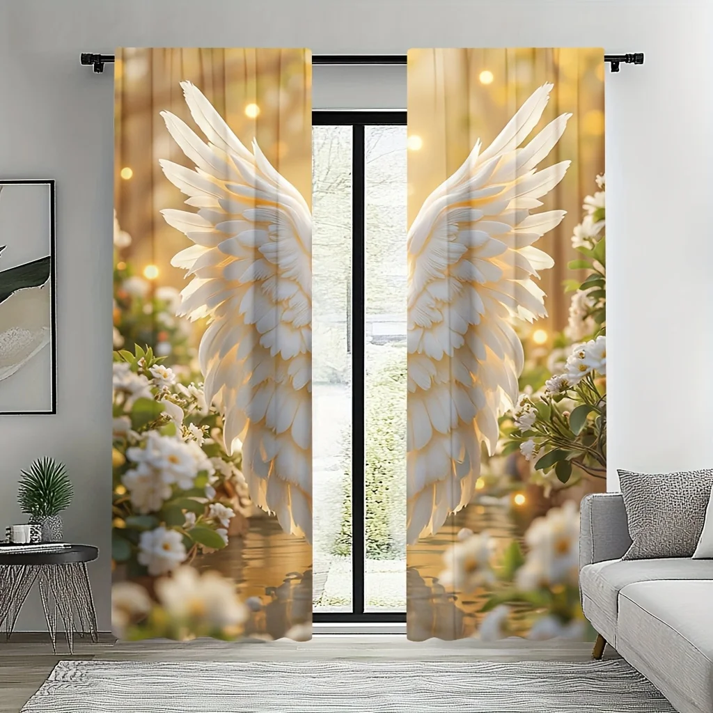 2pcs Gold Angel Wings Print Sheer Polyester Curtains with Rod Pocket – for Living Room, Bedroom, Office & Kitchen Decor