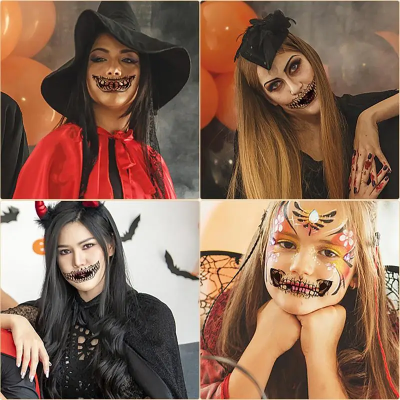 Tatuajes temporales de boca de terror para Halloween, 10 Uds., cara aterradora negra, dientes, labio, tatuajes temporales, pegatinas, accesorios para fiesta de Cosplay, Halloween