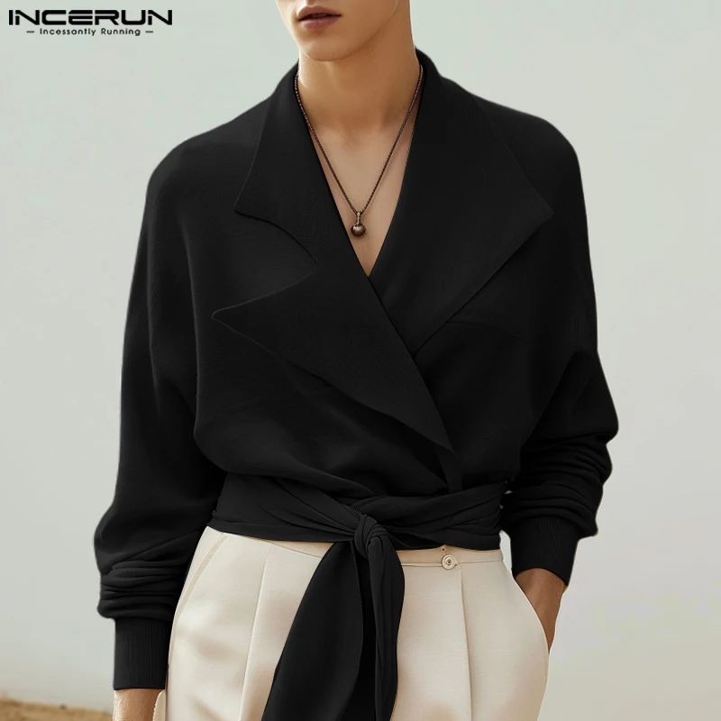 INCERUN Men Sweaters Lapel Collar Open Front Solid Color Long Sleeve Warm Knitted Sweater Cardigans Belt Lace Up Tops