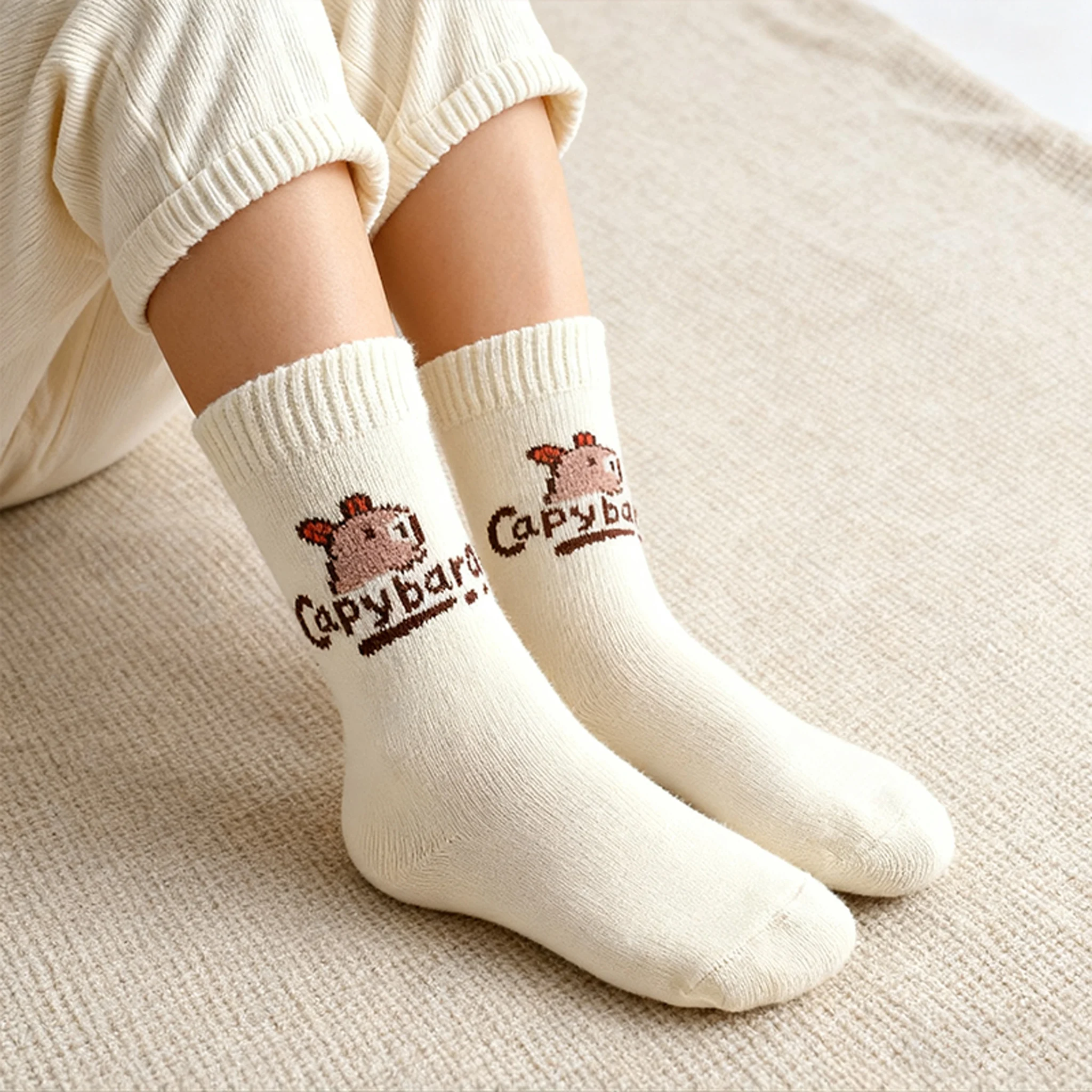 Baby Newborn Children's Socks Class A | 100% Cotton Terry Cloth Thickened Mid-Calf Socks | Capybara Design Warm Socks for Toddle