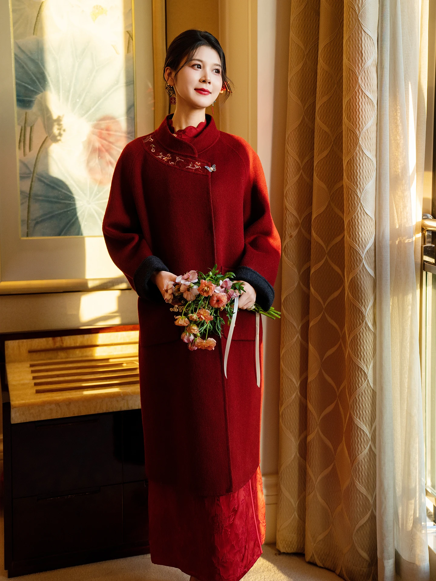 

Красное шерстяное двустороннее пальто средней длины, женская твидовая верхняя одежда, костюм для свадебного приема, для новобрачных, для возвращения домой, повседневное, зимнее