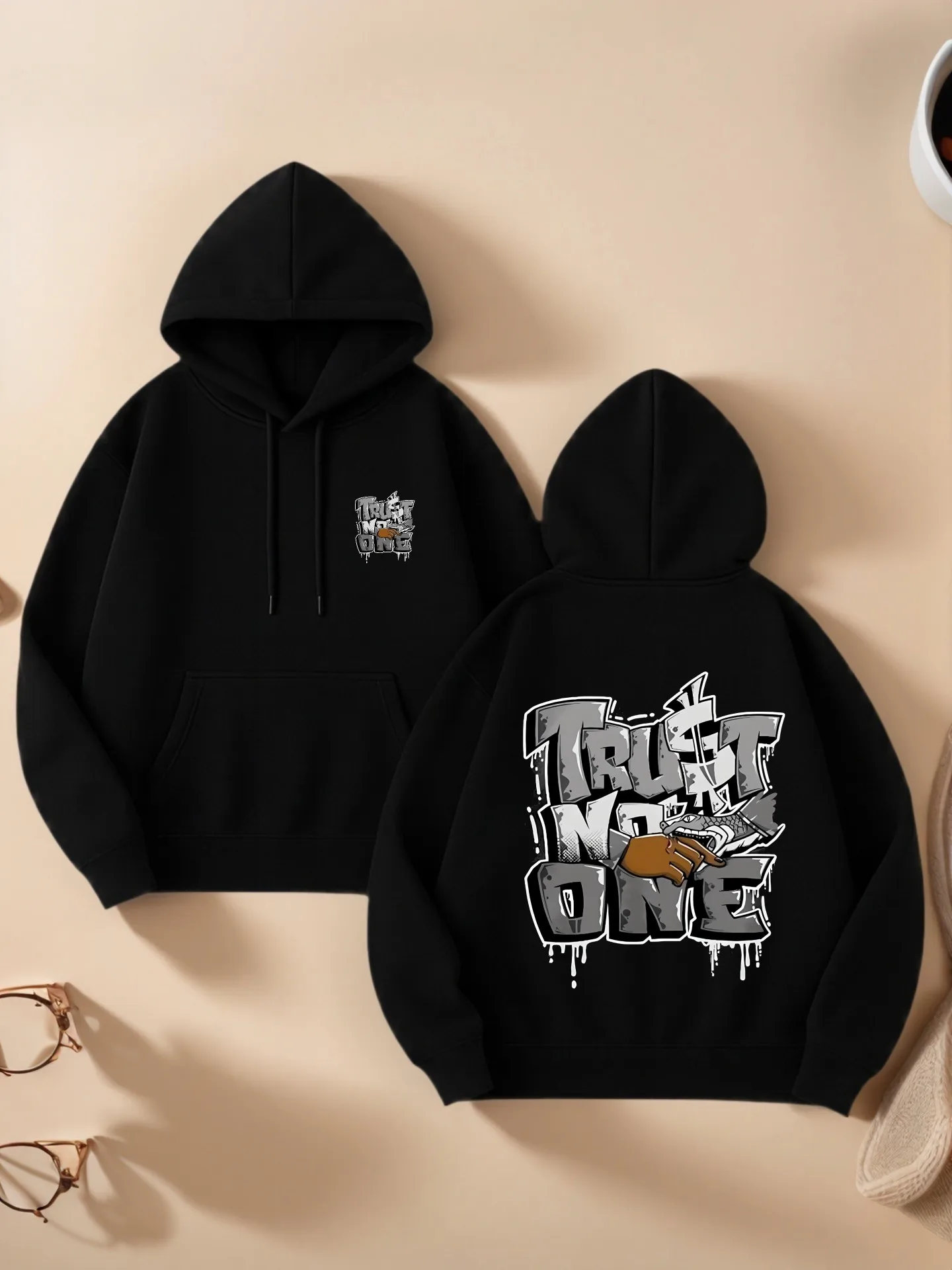 

Trust No One Graphic Print Essential Hoodie, Streetwear Aesthetic, Fleece, Casual Everyday Wear, For Men and Teens