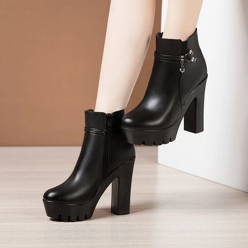 High quality short ankle leather boots for women 10cm high heel platform new 2024 autumn winter elegant 32 33 43 shoe - black