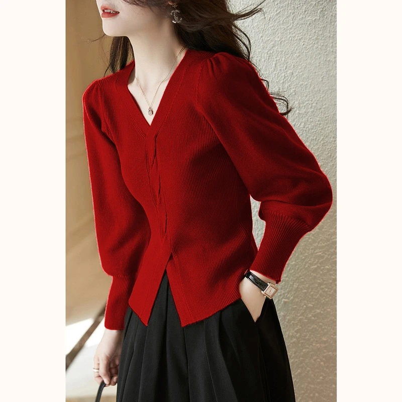 

French Temperament Solid V-neck Slit Knit Sweater Autumn Winter Fashion Chic Simple Commute Top Pullovers