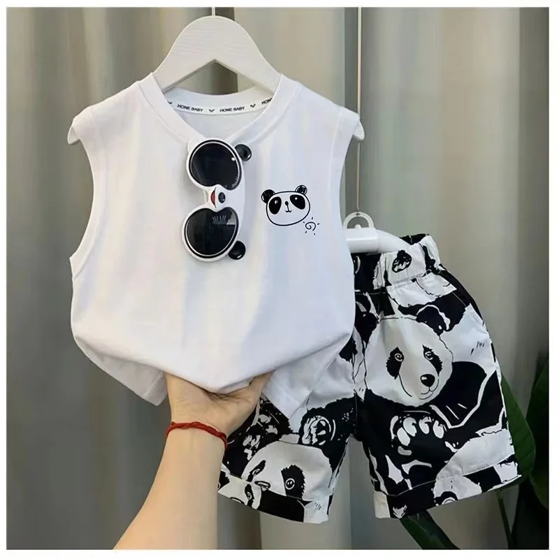 

Boys' Summer Set 2024 New Western Style Children's Handsome Pure Cotton Sleeveless Tank Top Short Sleeve Two Piece Set