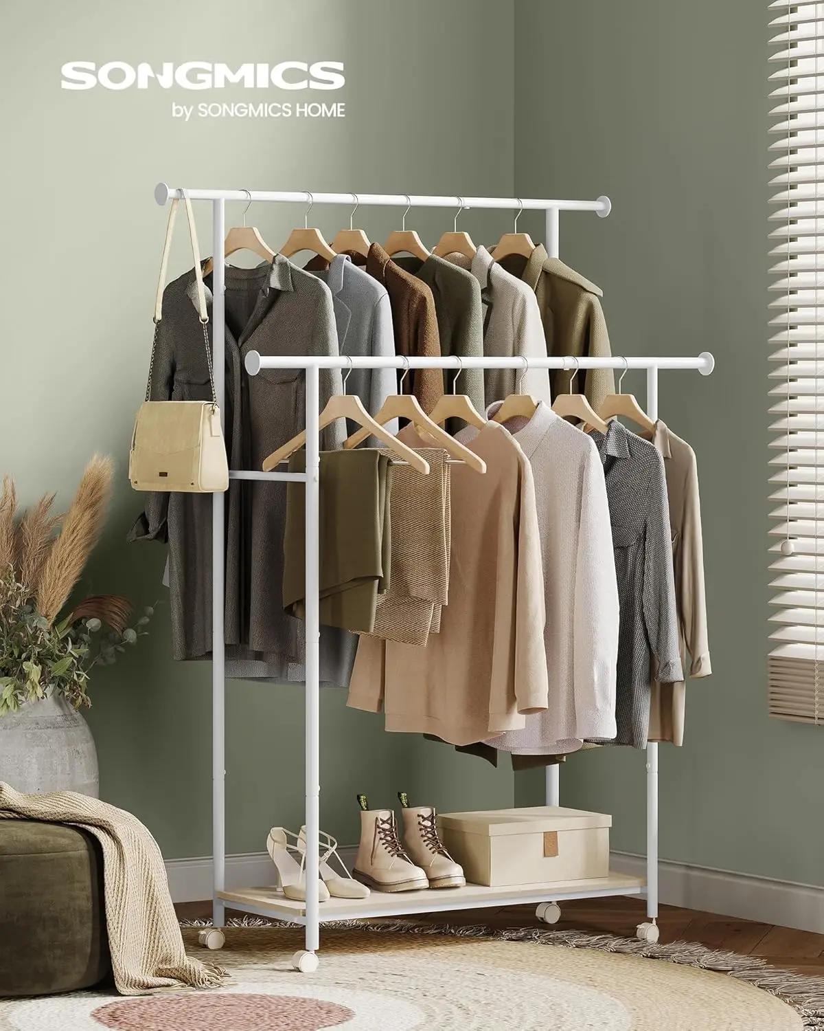 Double-Rod Clothes Rack with Wheels, 38.8