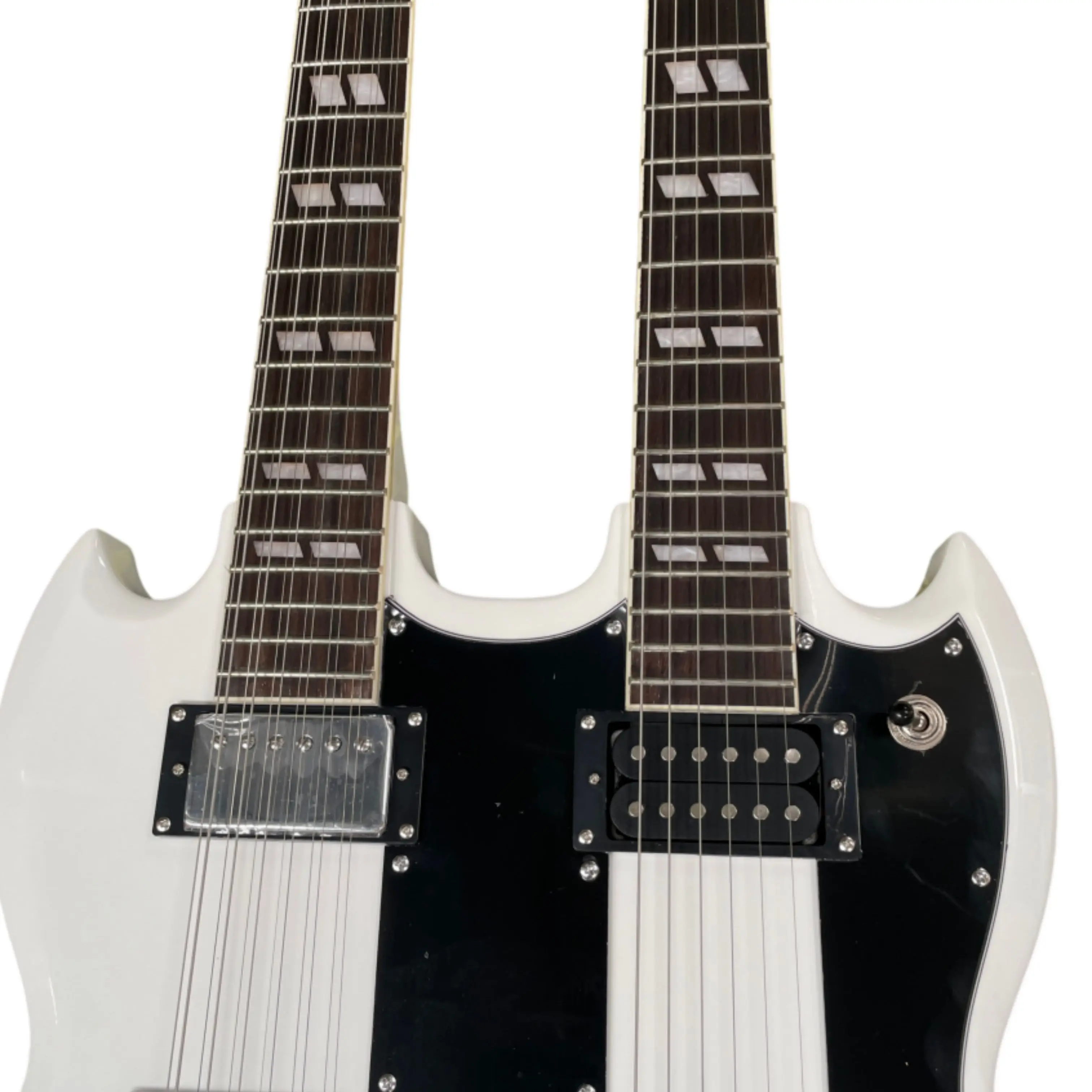White Gloss Double Neck Electric Guitar, 12+6 Strings, Black Pickguard, Block Inlay Guitar, for Band Live Performance Guitarra