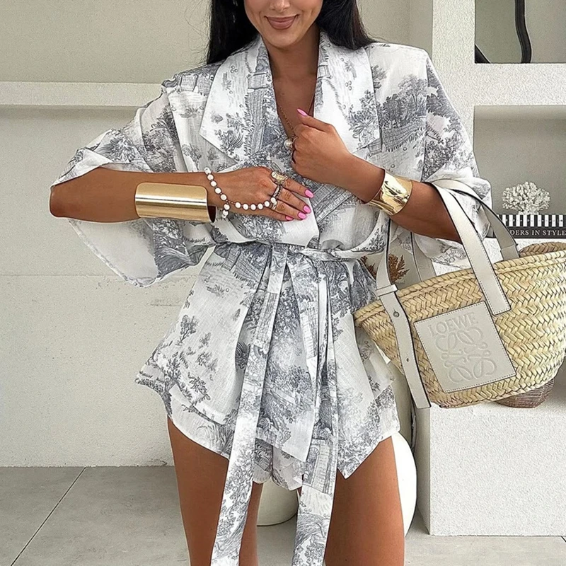 

Fashion Women's Wear 2025 New Arrival Chinese-Style Print Set Lace-Up Short-Sleeve Collared Top & Shorts Two-Piece Set