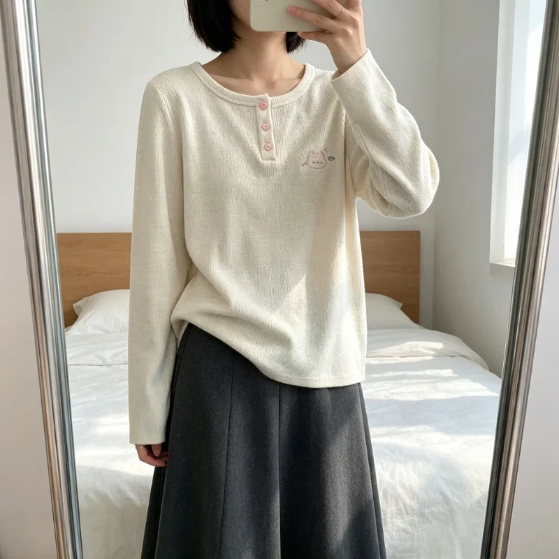 Womens Long Sleeve Round Neck T Shirt Lovely Cat Embroidery Detail Loose Korean Style Versatile Daily Casual Basic Blouse