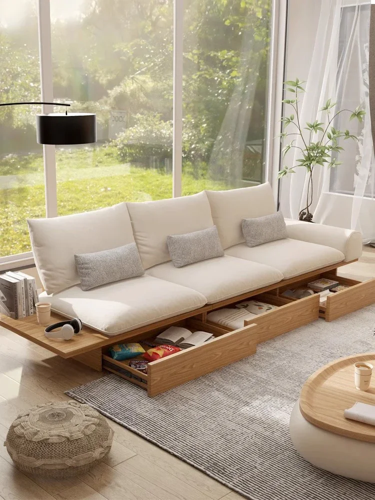 Solid wood frame living room small apartment simple storage three-person floor fabric log wabi sabi wind sofa