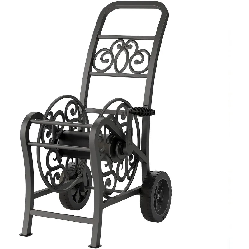 Metal Decorative 150' Hose Cart with Flat-Free Wheels and Foot Caps, Stylish Garden Hose Reel Cart for 150' of Standard Vinyl