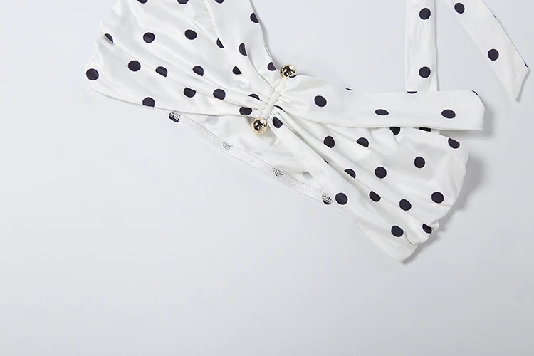 Nibber Chic Vacation 2-teiliges Set für Damen mit Polka-Dot-Print, sexy Neckholder-Bandagen-Crop-Tops mit Schrägausschnitt + hohler, geraffter Rock, Trendanzüge – Detail 20