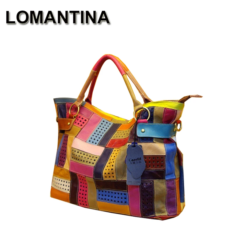 LOMANTINA Genuine Leather Hollow Out Women Shoulder Bags Trendy Colorful Patchwork Tote Beach Travel Large Capacity For Female