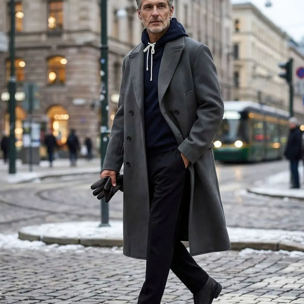 Mens Winter Trench Coat Wool Blend Mid Length Jacket Double Breasted Lapel Business Casual Slim Fit Warm Overcoat