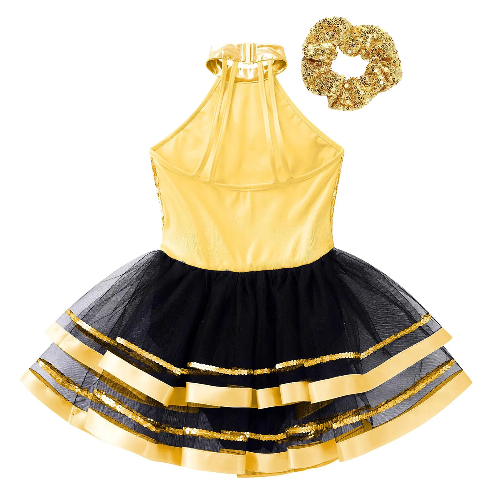 Kids Girls Shiny Sequins Dance Dress Leotard with Headband Ballet Jazz Hip-Hop Dance Costumes Performance Ballroom Dancewear