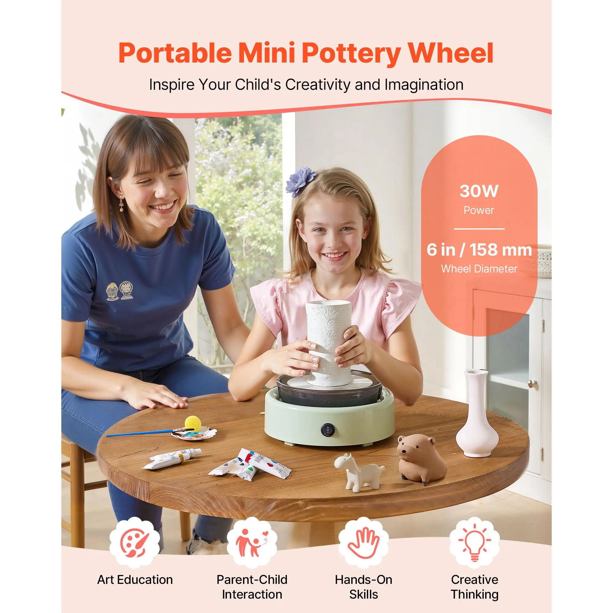 Mini Pottery Wheel, 6 Inch Turntable, Forward and Reverse Rotation, Adjustable Speed, Electric Clay Wheel for Kids and
