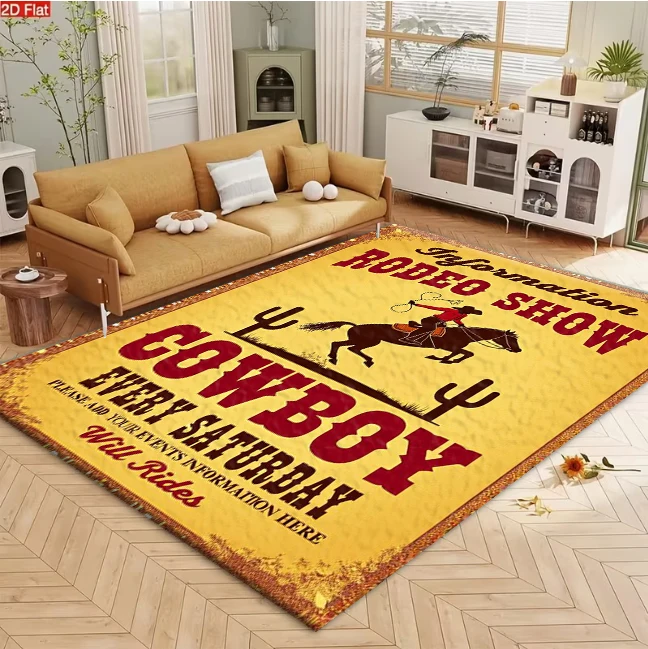 Vintage Western Rodeo Cowboy Poster Art carpet flooring, Retro Wild West Graphic Print Area Rug for Living Room Bedroom Home Floor Ornament