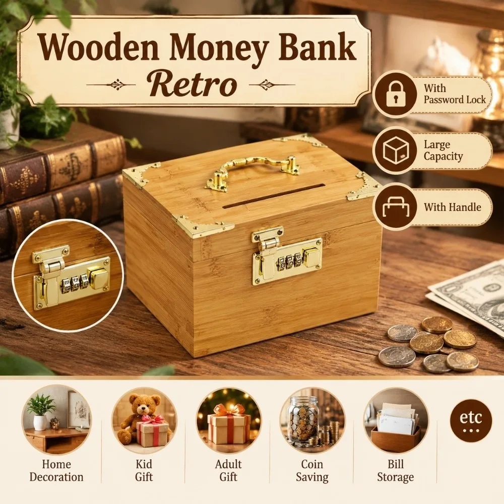 Retro Wooden Money Bank Large Capacity With Handle Piggy Bank Three-digit Password With Password Lock Treasure Storage Box