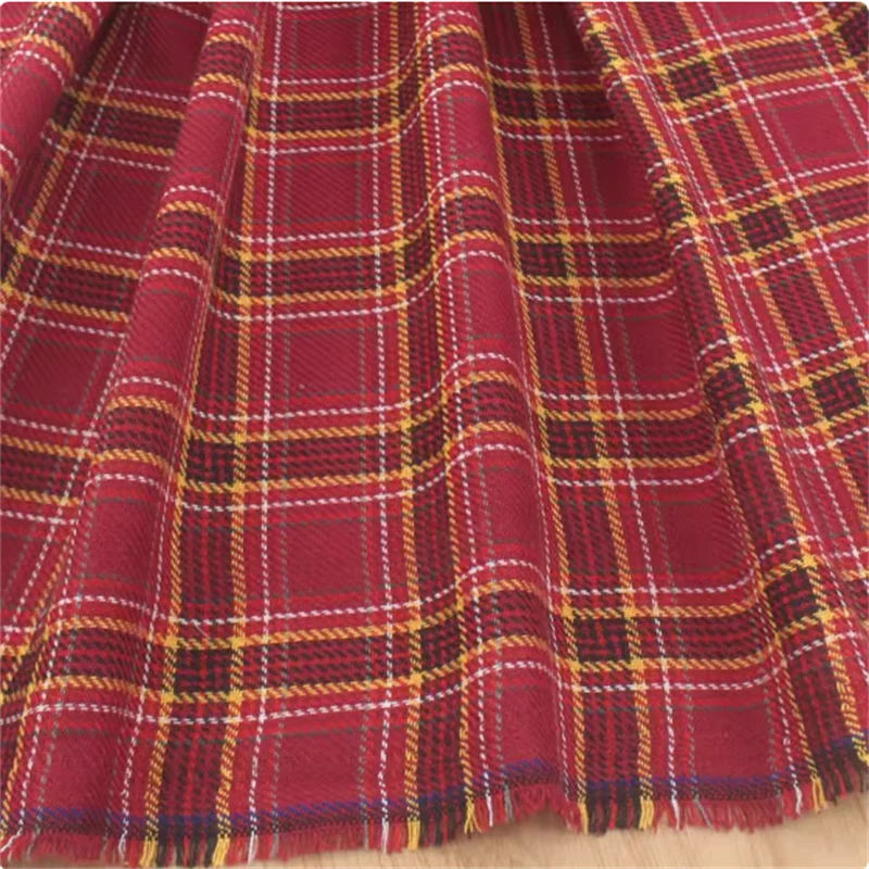 Red thick thread woven imitation linen checkered fabric shirt jacket long skirt pants curtains dining table fabric