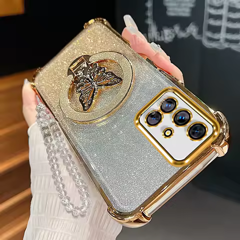 A 51 31 Clear Lanyard Butterfly Holder Case For Samsung Galaxy A51 A31 A12 A22 A50 A21s Plating Shockproof Silicone Stand Cover