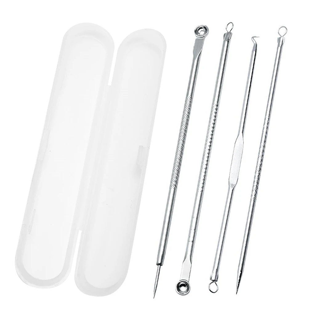 Quattro in uno argento rimozione di punti neri Kit di rimozione dei peli incarniti in acciaio inossidabile strumenti di bellezza Acne Whitehead Popping con custodia