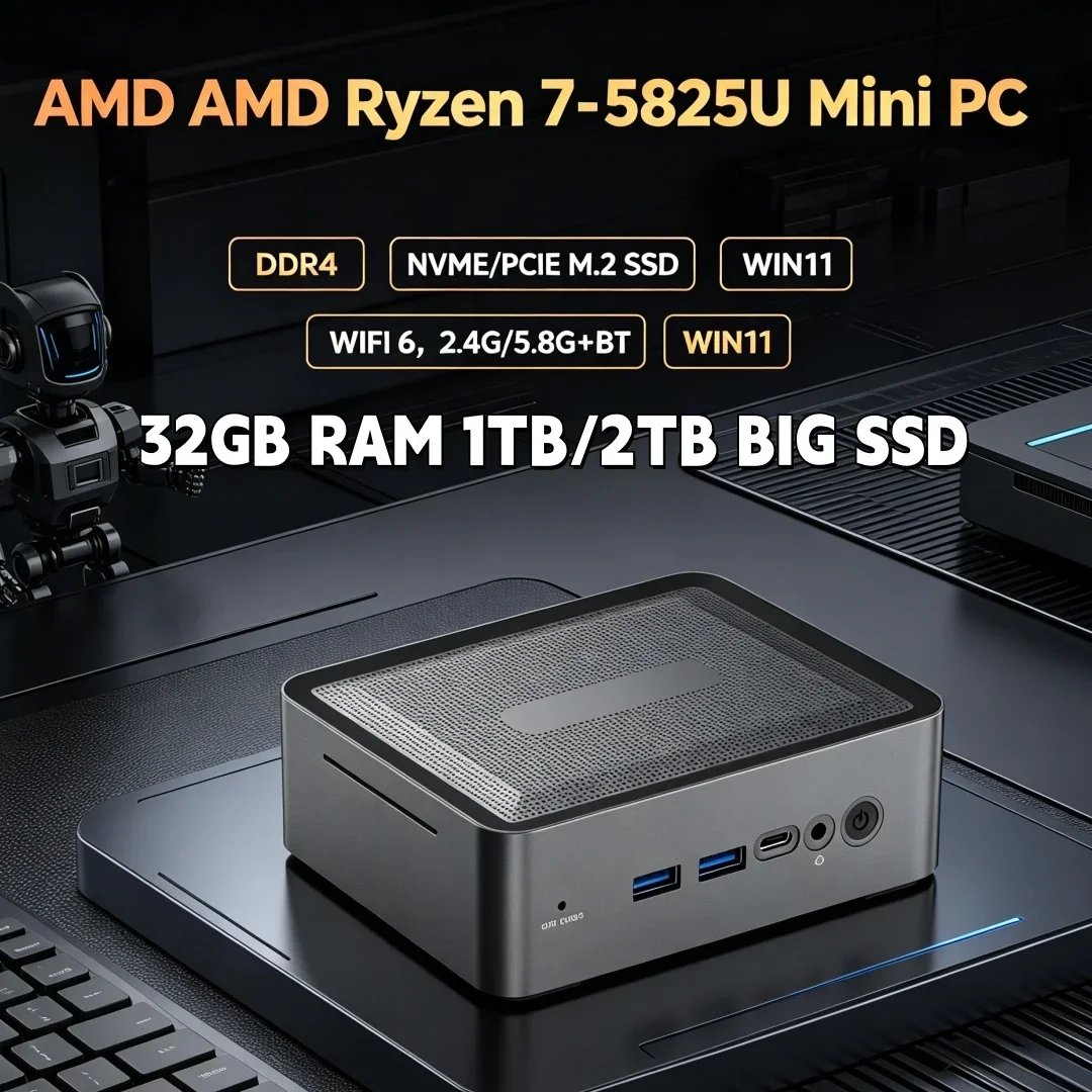In Stock Premium Ryzen7 5825U Mini PC Corporate Work Light Gaming WiFi6 BT5.2 2×DDR4 M.2 SSD+HDD Win11 Pro Sleek Desktop PC