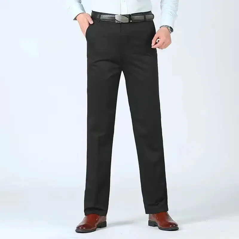 Mens Spring Summer Thin Suit Pants Middle-aged Cotton Slacks High Waist Straight Loose Solid Business Casual Father Dad Pants