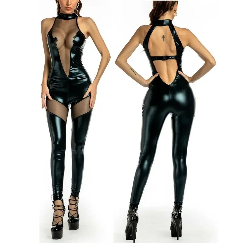 Mono Sexy de piel sintética para mujer, mono de látex de PVC con cremallera frontal, entrepierna abierta, mono elástico, Bodystocking, disfraz
