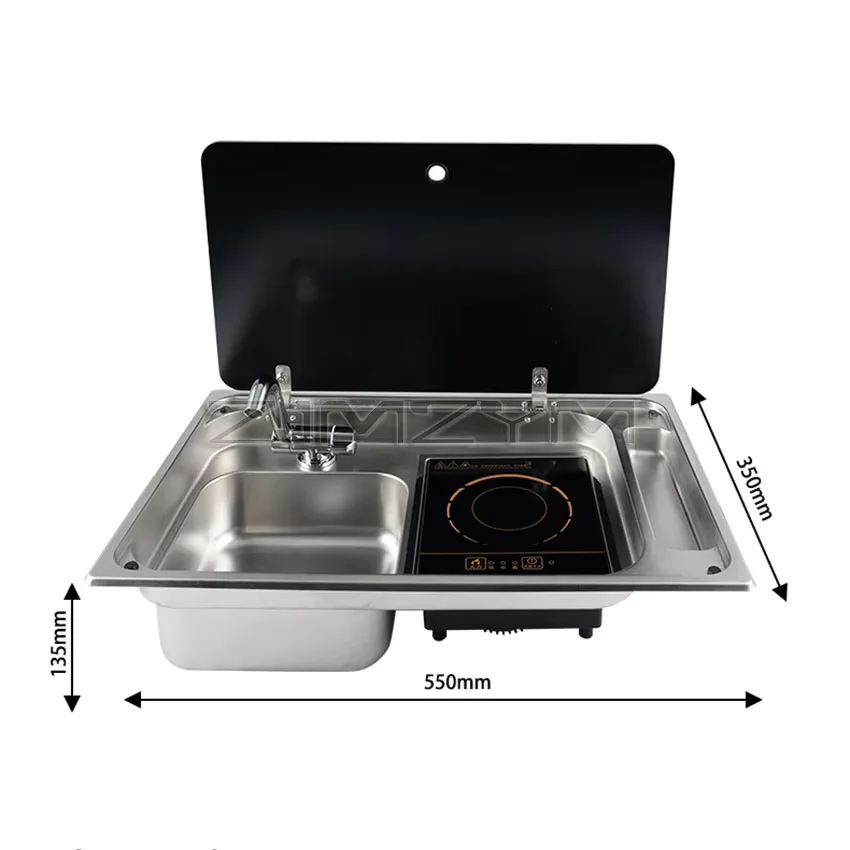 RV Stainless Steel Sink and Induction Cooker Combination Unit with Tempered Glass Lid And Hot And Cold Folding Faucet