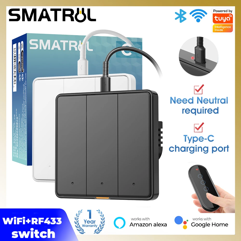 EU WIFI Light Switch Tuya Smart Home Alexa Google RF433 Remote Control 220v Touch Swith Type-C Port Have/No Netural Wire Require