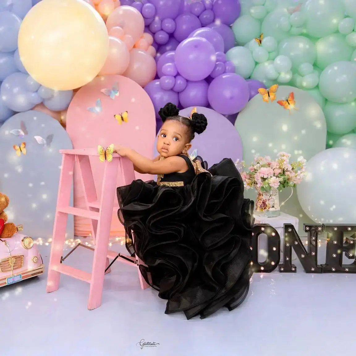 Black Girls Birthday Party Dresses Customized Gold Beading Sequins Flower Girl Dresses Kids Little Baby Ball Gowns for Wedding