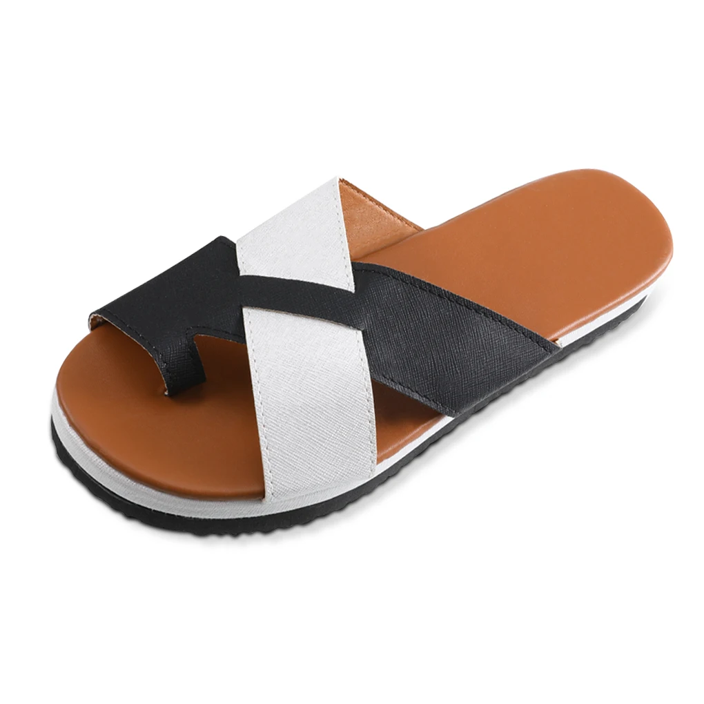 

PU Leather Woman Sandals Casual Summer Toe Flip Flop Non-Slip Flats with Arch Support Vacation Shoes Foot Wear, 40