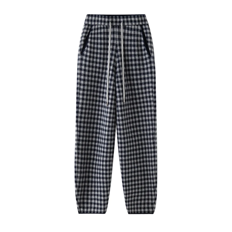 

Women Plaid Pocket Cashmere Pants Autumn Winter Thick Warm Wide Leg Pencil Pants Casual Loose Style 100% Cashmere Knit Trousers