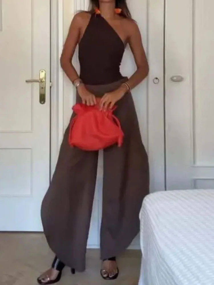 Moda oco sem mangas feminino 2 peça conjunto casual irregular sólido outfit sexy slant neck sem mangas topo e calças de perna larga terno